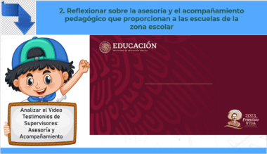 Un niño caricaturista con gorra sostiene un cartel que dice: "Taller Intensivo para Directores de Educación Básica 2024". Un cartel arriba dice: "Reflexionar sobre la asesoría y el acompañamiento pedagógico que brindan a las escuelas de Educación Básica en la zona escolar.