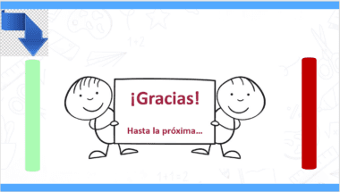 Dos figuras de dibujos animados sostienen un cartel que dice "¡Gracias! Hasta la próxima...", que en español significa "¡Gracias! Hasta la próxima...". El fondo presenta débiles garabatos educativos. Una flecha azul se superpone a la esquina superior izquierda con líneas verticales verdes y rojas a cada lado, insinuando un Taller Intensivo para Directores de Educación Básica 2024.