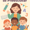 Ilustración de una maestra sonriente con tres niños en un aula, rodeada de útiles escolares, letras y números. Texto: "PEMC de Preescolar (Actualizado)" y "www.editorialmd.com". Ideal para recursos actualizados de PEMC para preescolar.