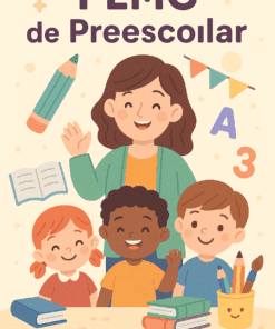 Ilustración de una maestra sonriente con tres niños en un aula, rodeada de útiles escolares, letras y números. Texto: "PEMC de Preescolar (Actualizado)" y "www.editorialmd.com". Ideal para recursos actualizados de PEMC para preescolar.