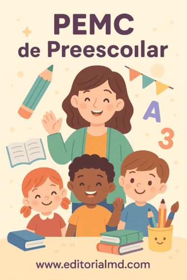 Ilustración de una maestra sonriente con tres niños en un aula, rodeada de útiles escolares, letras y números. Texto: "PEMC de Preescolar (Actualizado)" y "www.editorialmd.com". Ideal para recursos actualizados de PEMC para preescolar.