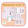 Imagen que muestra una portada titulada "Planeación Vocal O" bordeada en rosa. Se muestran diversas hojas de trabajo educativas centradas en la letra "O", con imágenes de objetos, palabras y actividades para practicar. El logotipo de PLAN DE CLASE VOCAL O aparece colorido en la esquina inferior izquierda.