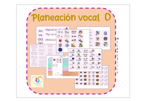 Imagen que muestra una portada titulada "Planeación Vocal O" bordeada en rosa. Se muestran diversas hojas de trabajo educativas centradas en la letra "O", con imágenes de objetos, palabras y actividades para practicar. El logotipo de PLAN DE CLASE VOCAL O aparece colorido en la esquina inferior izquierda.