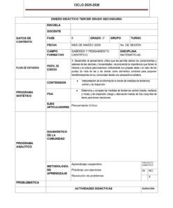 Una plantilla de plan de clase de secundaria en español para una clase de matemáticas de tercer curso, que incluye campos para el nombre del centro, la fecha, los objetivos, la metodología, las actividades y el enfoque del pensamiento crítico.