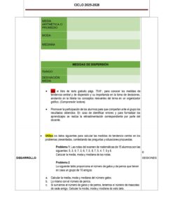 Hoja de trabajo en español para enseñar medidas de tendencia central y dispersión, con secciones para la media, la moda, la mediana y la desviación típica. Incluye objetivos, instrucciones y un problema de ejemplo con datos sobre gatos.