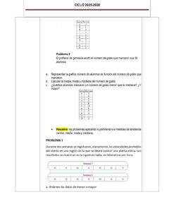 Hoja de ejercicios con dos problemas matemáticos que incluyen tablas de datos sobre los goles marcados y la velocidad de los coches, en los que se pide a los alumnos que calculen la media, la mediana y la moda. Los resaltados amarillos destacan la palabra 