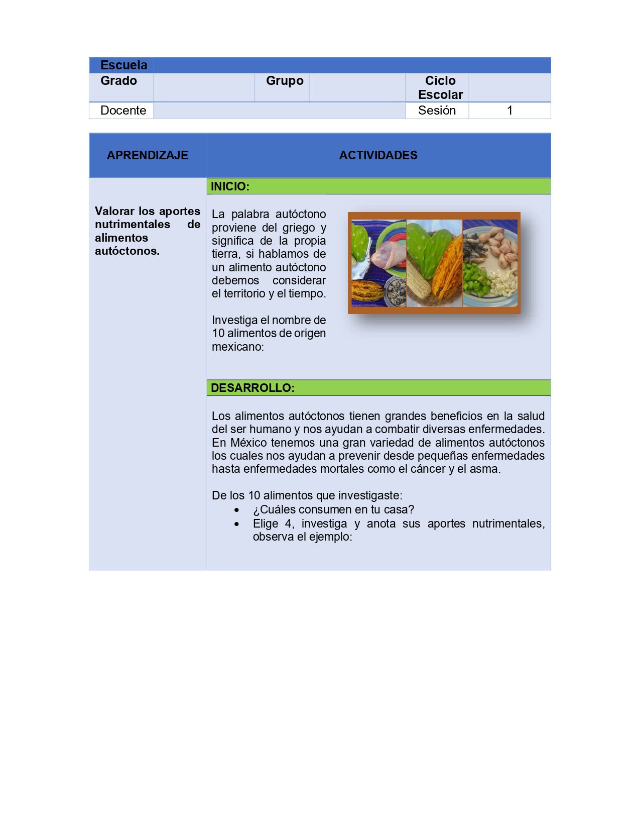 VIDA SALUDABLE PLANEACIONES SECUNDARIA TOMO 2 2 Ficha didáctica en español sobre el valor nutritivo de los alimentos autóctonos, con un apartado de objetivos didácticos, una lista de actividades y una foto de frutas, frutos secos y semillas variados sobre una tabla de madera.
