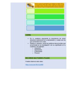 VIDA SALUDABLE PLANEACIONES SECUNDARIA TOMO 2 8 Una colorida hoja de ejercicios con una imagen de un pez amarillo en la parte superior, cuadros de texto para escribir, una sección de cierre con viñetas y un enlace a un vídeo con recursos adicionales en la parte inferior.