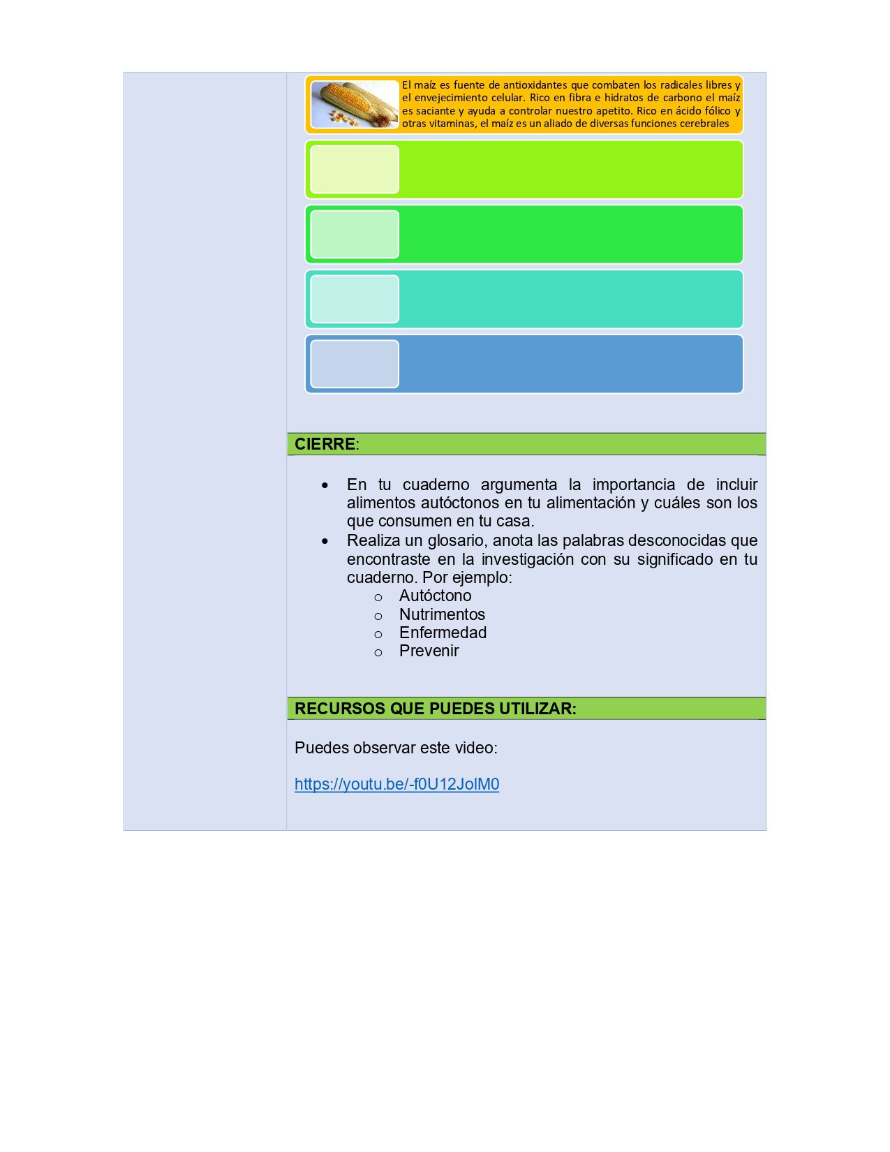 VIDA SALUDABLE PLANEACIONES SECUNDARIA TOMO 2 3 Una colorida hoja de ejercicios con una imagen de un pez amarillo en la parte superior, cuadros de texto para escribir, una sección de cierre con viñetas y un enlace a un vídeo con recursos adicionales en la parte inferior.