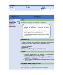 VIDA SALUDABLE PLANEACIONES SECUNDARIA TOMO 2 9 Plan de clase para profesores centrado en la promoción del consumo de alimentos autóctonos tradicionales. Incluye objetivos, preguntas introductorias, actividades, cierre y un enlace a recursos de YouTube, todo en español.