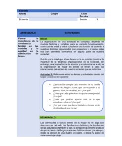 VIDA SALUDABLE PLANEACIONES SECUNDARIA TOMO 2 10 Un plan de clases en español con secciones: Escuela, Grado, Grupo, Ciclo Escolar, Docente, Sesión. Incluye objetivos, una descripción de la actividad, preguntas para los alumnos y una sección de desarrollo, todo ello en un diseño con bordes azules.