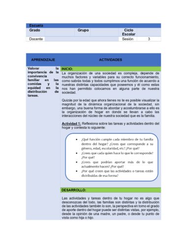 Un plan de clases en español con secciones: Escuela, Grado, Grupo, Ciclo Escolar, Docente, Sesión. Incluye objetivos, una descripción de la actividad, preguntas para los alumnos y una sección de desarrollo, todo ello en un diseño con bordes azules.