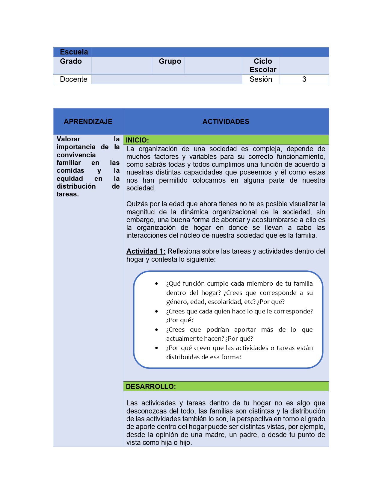 VIDA SALUDABLE PLANEACIONES SECUNDARIA TOMO 2 5 Un plan de clases en español con secciones: Escuela, Grado, Grupo, Ciclo Escolar, Docente, Sesión. Incluye objetivos, una descripción de la actividad, preguntas para los alumnos y una sección de desarrollo, todo ello en un diseño con bordes azules.