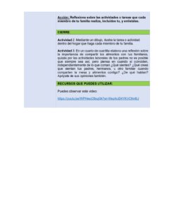 VIDA SALUDABLE PLANEACIONES SECUNDARIA TOMO 2 11 Una hoja de ejercicios en español pide a los alumnos que reflexionen sobre las tareas familiares, con una actividad final sobre las funciones y los recursos de los miembros de la familia, que incluye un enlace para obtener más información. El fondo es mayoritariamente blanco y verde claro.