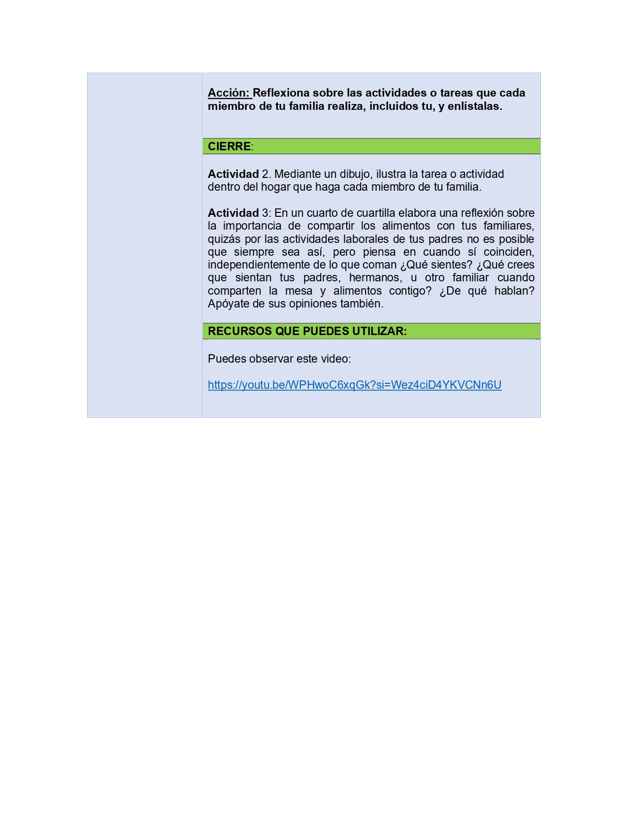 VIDA SALUDABLE PLANEACIONES SECUNDARIA TOMO 2 6 Una hoja de ejercicios en español pide a los alumnos que reflexionen sobre las tareas familiares, con una actividad final sobre las funciones y los recursos de los miembros de la familia, que incluye un enlace para obtener más información. El fondo es mayoritariamente blanco y verde claro.