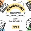 Colorida ilustración de material escolar, incluyendo libros, una calculadora y un cuaderno, rodeando el texto "Planeaciones Secundaria Vida Saludable Tomo 3" sobre un fondo de papel cuadriculado.