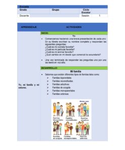 Una página en español sobre los tipos de familia, con una lista de actividades y un gráfico con dibujos animados sobre distintos tipos de familia, como la nuclear, la monoparental, la de acogida, la extensa y la adoptiva.