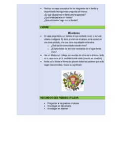 Hoja de trabajo en español con viñetas sobre la familia y el medio ambiente, un dibujo animado de un niño rodeado de material escolar y un recuadro verde con consejos para la investigación. El fondo es morado claro y azul.