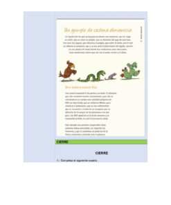 Hoja de ejercicios en español con animales ilustrados (águila, serpiente, ratón, saltamontes) y un cactus, en la que se explica una cadena alimentaria y los efectos de eliminar un eslabón. En la parte inferior hay una sección verde 