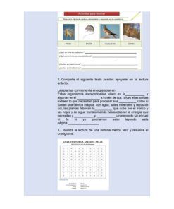 Una hoja de trabajo en español muestra fotos de animales, una actividad de lectura para rellenar espacios en blanco sobre la energía de las plantas y un crucigrama titulado 