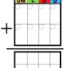 Una hoja de trabajo educativa que presenta una cuadrícula de valor posicional con columnas etiquetadas "UM, C, D, U" en cuadros de colores, acompañada de los cuadros Plantilla-Suma Y Resta Matemática Singapur a continuación.