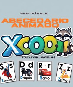 Imagen promocional de "Abecedario Animado XCOOL Educational Materials" con un mapache de dibujos animados sosteniendo un libro. A continuación, tarjetas con ilustraciones de los abecedarios S (Superman), D (Dragón), R (Rayo) y Z (Zorro).