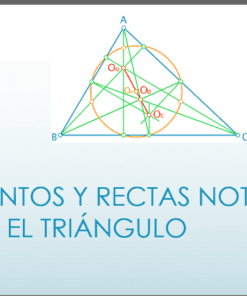 Diapositiva con un diagrama geométrico de un triángulo que muestra puntos y rectas notables; el título en español dice "Puntos y Rectas Notables en el Triángulo".