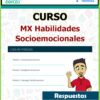 Un cartel del curso titulado "Curso MX Habilidades Socioemocionales" incluye detalles de tres módulos: Comunicación Asertiva, Inteligencia Emocional y Liderazgo Transformacional. El cartel presenta a un hombre ilustrado con un bocadillo que dice "Respuestas".