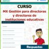 Folleto promocional del programa de capacitación digital “MX Gestión para directores y directores de instituciones educativas” de Fundación Telefónica. El folleto incluye una lista de módulos y un personaje de dibujos animados con la palabra "Respuestas" debajo. Un borde verde rodea el volante.