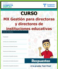 Folleto promocional del programa de capacitación digital “MX Gestión para directores y directores de instituciones educativas” de Fundación Telefónica. El folleto incluye una lista de módulos y un personaje de dibujos animados con la palabra "Respuestas" debajo. Un borde verde rodea el volante.
