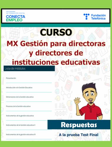 Folleto promocional del programa de capacitación digital “MX Gestión para directores y directores de instituciones educativas” de Fundación Telefónica. El folleto incluye una lista de módulos y un personaje de dibujos animados con la palabra "Respuestas" debajo. Un borde verde rodea el volante.
