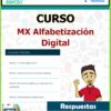 Curso denominado “MX Alfabetización Digital” patrocinado por Fundación Telefónica y Conecta Empleo. La lista de módulos incluye cultura digital, importancia de las herramientas digitales, su uso en la vida diaria y herramientas de trabajo digitales. Una caricatura señala "Respuestas".