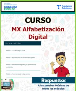 Curso denominado “MX Alfabetización Digital” patrocinado por Fundación Telefónica y Conecta Empleo. La lista de módulos incluye cultura digital, importancia de las herramientas digitales, su uso en la vida diaria y herramientas de trabajo digitales. Una caricatura señala "Respuestas".