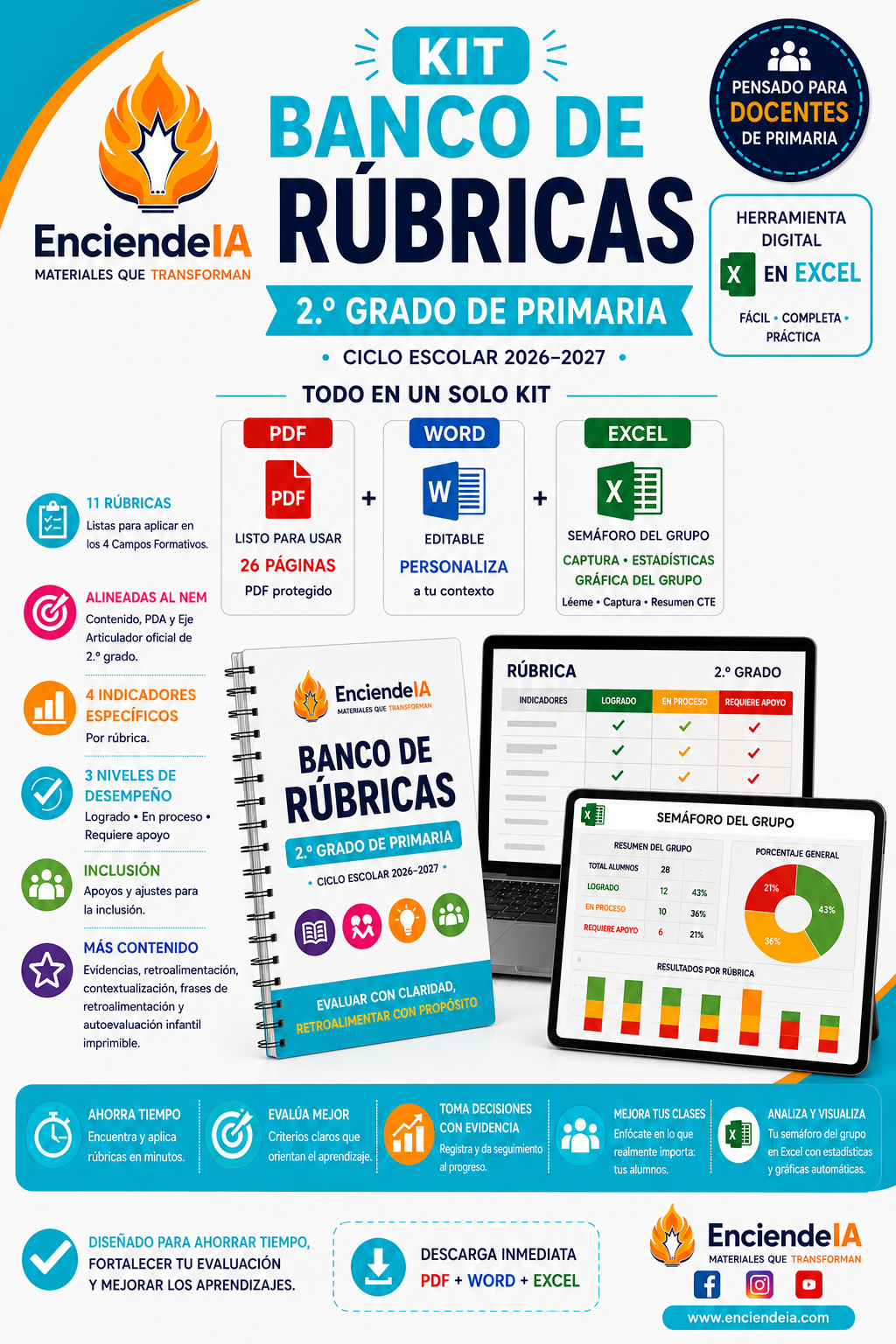 KIT BANCO DE RÚBRICAS 2.º GRADO | Evalúa, Retroalimenta y Da Seguimiento con Excel | NEM 2026-2027 1 KIT BANCO DE RÚBRICAS 2.º GRADO | Evalúa, Retroalimenta y Da Seguimiento con Excel | NEM 2026-2027