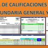 Gráfica promocional de Control de calificaciones en Excel para Secundaria General y Técnica, que presenta un ejemplo de hoja de cálculo y un gráfico circular para una escuela secundaria, con texto en español enfatizando su uso para educación general y técnica, destacando "Calificaciones.