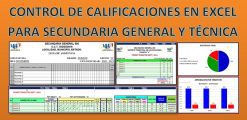 Gráfica promocional de Control de calificaciones en Excel para Secundaria General y Técnica, que presenta un ejemplo de hoja de cálculo y un gráfico circular para una escuela secundaria, con texto en español enfatizando su uso para educación general y técnica, destacando "Calificaciones.