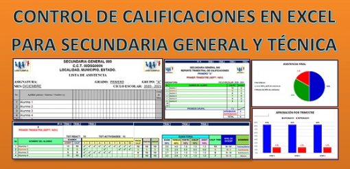 Gráfica promocional de Control de calificaciones en Excel para Secundaria General y Técnica, que presenta un ejemplo de hoja de cálculo y un gráfico circular para una escuela secundaria, con texto en español enfatizando su uso para educación general y técnica, destacando "Calificaciones.