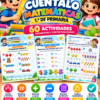 Portada a todo color de un cuaderno de matemáticas para 1.º de primaria con personajes caricaturizados, un sol sonriente y 60 actividades, curso 2026-2027.