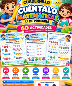 Portada a todo color de un cuaderno de matemáticas para 1.º de primaria con personajes caricaturizados, un sol sonriente y 60 actividades, curso 2026-2027.