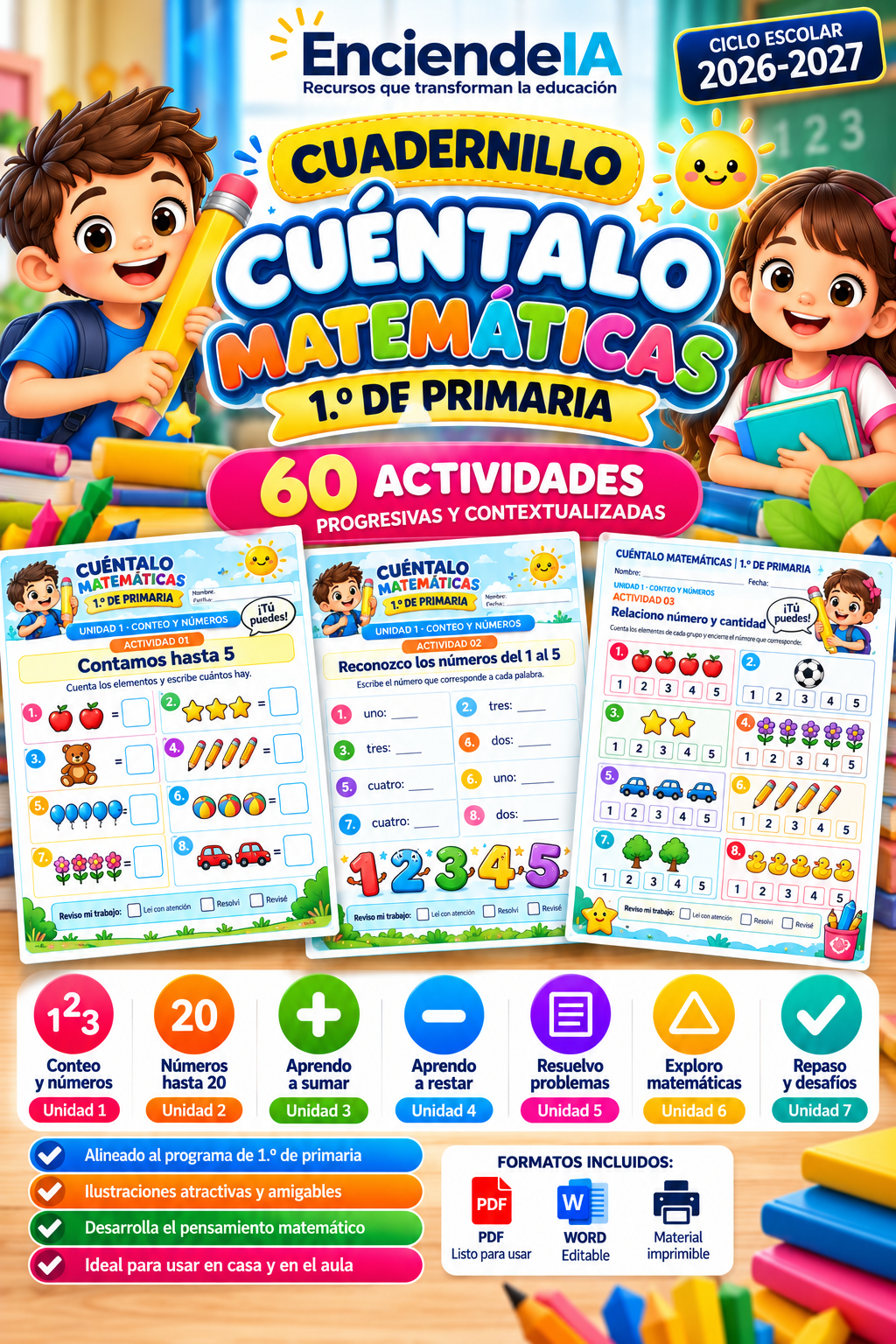 Cuéntalo Matemáticas · Cuadernillo de Actividades · 1.º de Primaria 1 Portada a todo color de un cuaderno de matemáticas para 1.º de primaria con personajes caricaturizados, un sol sonriente y 60 actividades, curso 2026-2027.