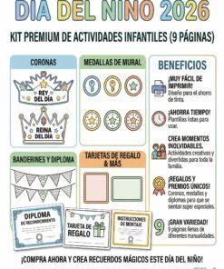 Colorido folleto promocional del "Día del Niño 2026" que muestra un kit de actividades infantiles de primera calidad con coronas, medallas, banderines, certificados, tarjetas de regalo e instrucciones en español. Las ventajas y la información de compra figuran a la derecha.