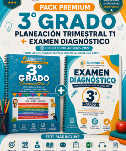 Planeación Trimestral T1 + Examen Diagnóstico de 3.º grado en un solo pack. Incluye 6 proyectos, guías día por día, rúbricas, materiales, recursos interactivos y digitales, más examen de 32 reactivos con Excel calificador y 2 audios de apoyo.