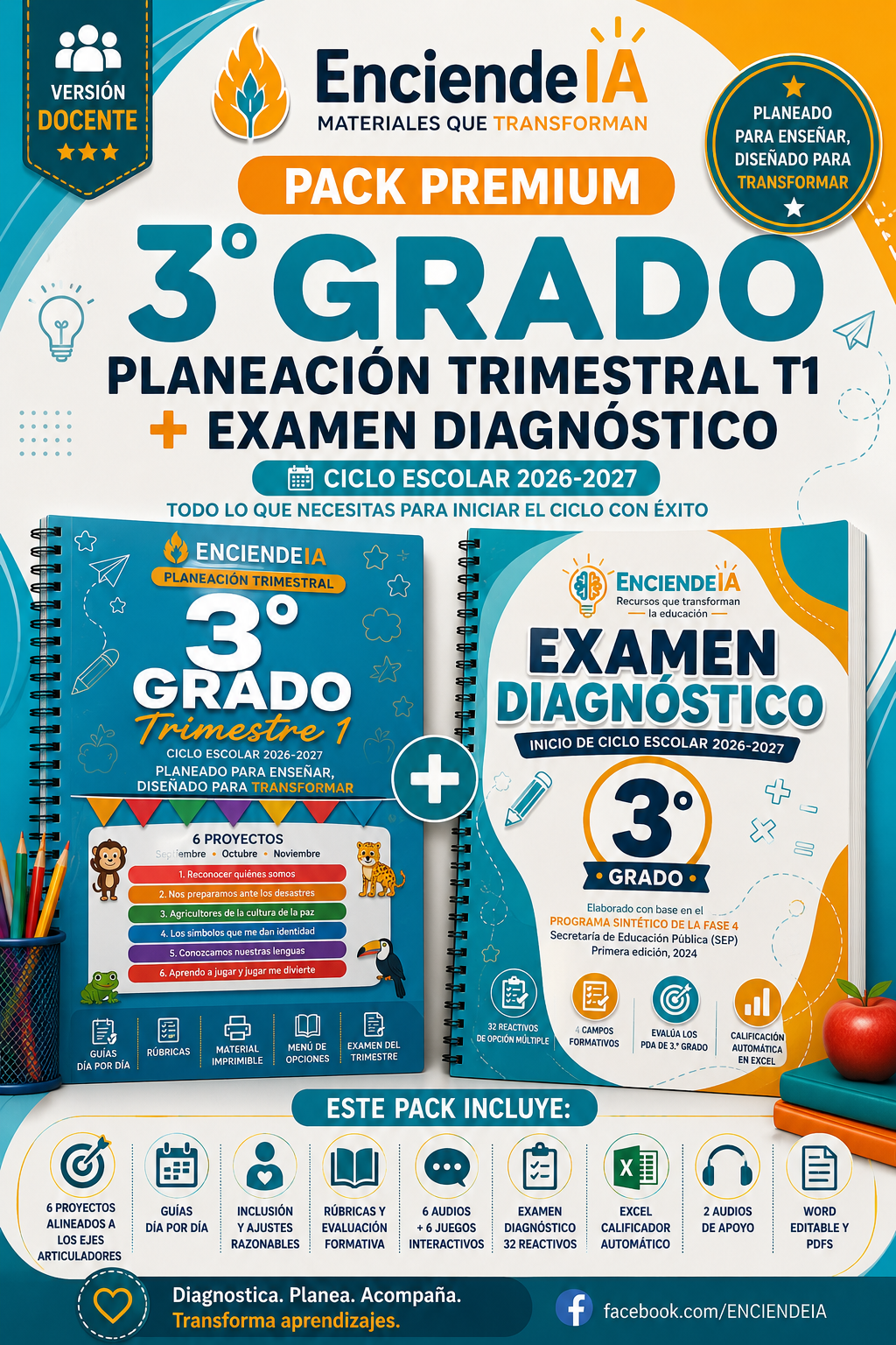 Planeación Trimestral T1 + Examen Diagnóstico de 3.º grado en un solo pack. Incluye 6 proyectos, guías día por día, rúbricas, materiales, recursos interactivos y digitales, más examen de 32 reactivos con Excel calificador y 2 audios de apoyo. 1 Planeación Trimestral T1 + Examen Diagnóstico de 3.º grado en un solo pack. Incluye 6 proyectos, guías día por día, rúbricas, materiales, recursos interactivos y digitales, más examen de 32 reactivos con Excel calificador y 2 audios de apoyo.