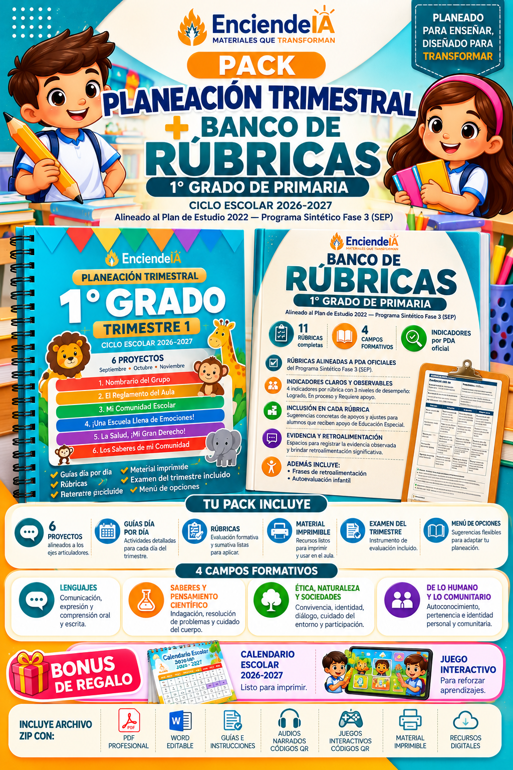 Pack Planeación Trimestral + Banco de Rúbricas 1.º Grado de Primaria | Trimestre 1 1 Pack Planeación Trimestral + Banco de Rúbricas 1.º Grado de Primaria | Trimestre 1