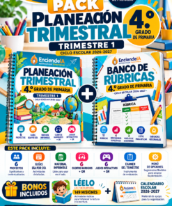 Cartel promocional del pack de planificación trimestral para 4.º de primaria, con dos libros, material adicional y el curso 2026-2027.