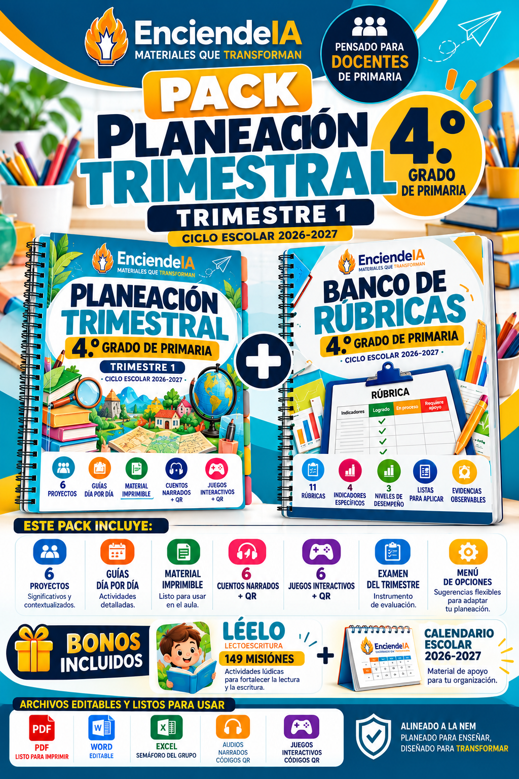 PACK 4.º GRADO | PLANEACIÓN TRIMESTRAL T1 + BANCO DE RÚBRICAS 2026-2027 + REGALOS 1 Cartel promocional del pack de planificación trimestral para 4.º de primaria, con dos libros, material adicional y el curso 2026-2027.