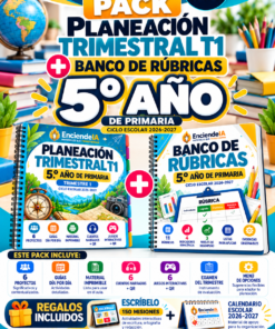 Cartel promocional de un paquete de planes de clase y rúbricas para 5.º de primaria con gráficos coloridos, portadas y detalles educativos.