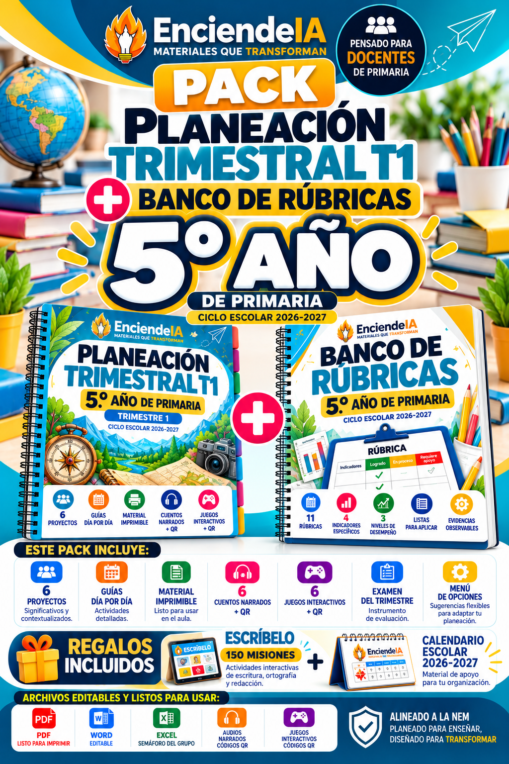 PACK PLANEACIÓN TRIMESTRAL T1 + BANCO DE RÚBRICAS 5.º AÑO + REGALOS 1 Cartel promocional de un paquete de planes de clase y rúbricas para 5.º de primaria con gráficos coloridos, portadas y detalles educativos.