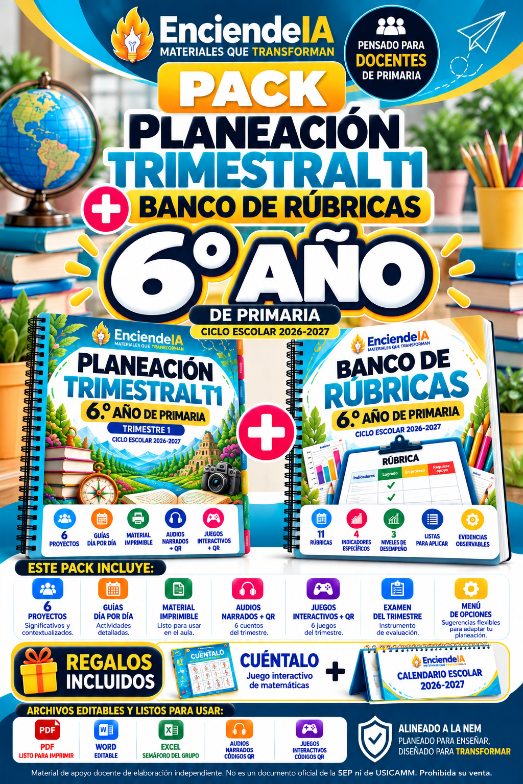 PACK PLANEACIÓN TRIMESTRAL T1 + BANCO DE RÚBRICAS 6.º AÑO + REGALOS 1 Cartel promocional del pack de planificación y rúbricas para sexto de primaria, acceso digital y regalos para el profesorado 2026-2027.