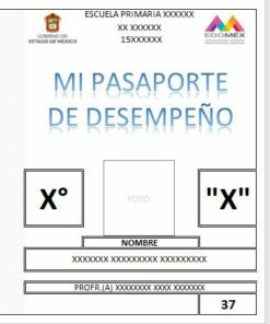 Una plantilla de pasaporte de desempeño académico de una escuela primaria en el estado de México, que incluye marcadores de posición para las calificaciones, una fotografía y el nombre del estudiante.